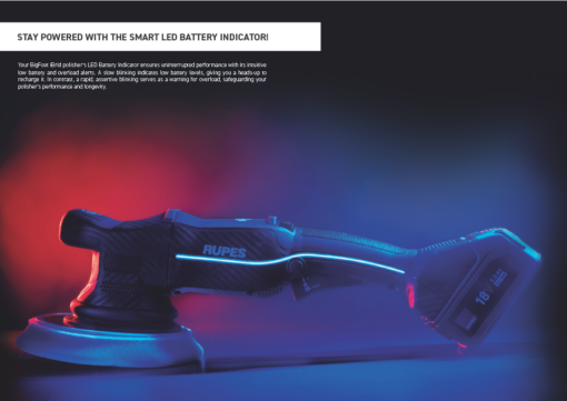 RUPES BigFoot iBrid Polisher illuminated with smart LED battery indicator lights in low-light setting