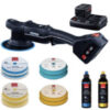 RUPES BigFoot iBrid Polisher kit with 18V battery, various polishing pads, and compound bottles