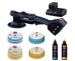 RUPES BigFoot iBrid Polisher kit with 18V battery, various polishing pads, and compound bottles